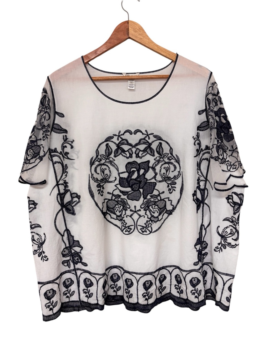 Cato White Sheer Embroidered Top Blue Floral Mesh Blouse Boho Romantic Coastal